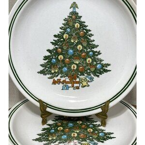 Pottery Christmas Tree dinner plate Unmarked Double Green Stripe 10 In Set Of 3